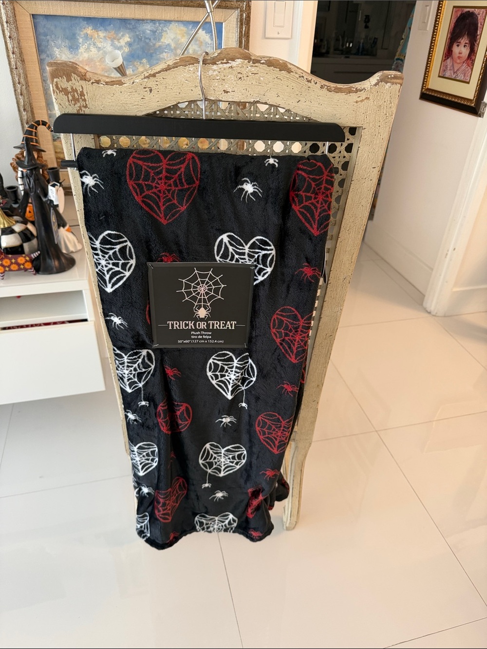 Trick or Treat Halloween Spider Web Throw Blanket in Black, Red & White